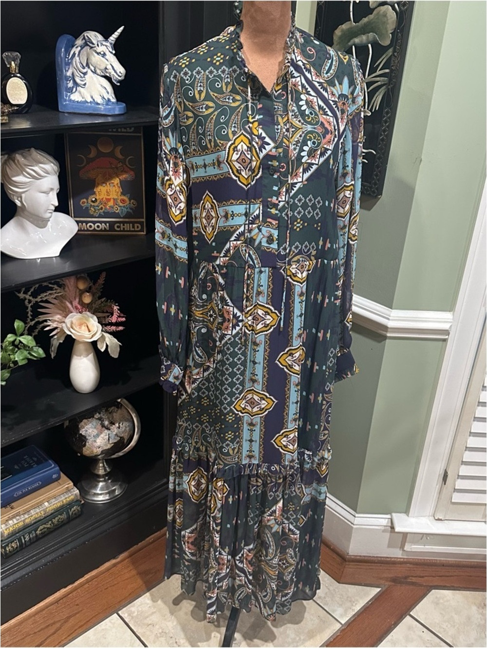 Cara Cara Verity Button‑Front Silk Maxi Dress – Green Printed – Size Medium